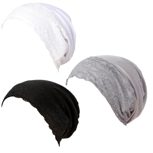 Lucky staryuan® 3 Pack Lace Hijab UnderCap for Women, Non Slip Hijab Cap, Islamic Muslim Under Scarf for Women - color: Black White Grey