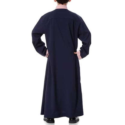 Arabic Thobe for Muslim Boys Eid Outfit Long Sleeve Kaftan Kids Prayer Dress Boys Muslim Thobe Ramadan Islamic Clothing - color: Navy, size: 3-4T