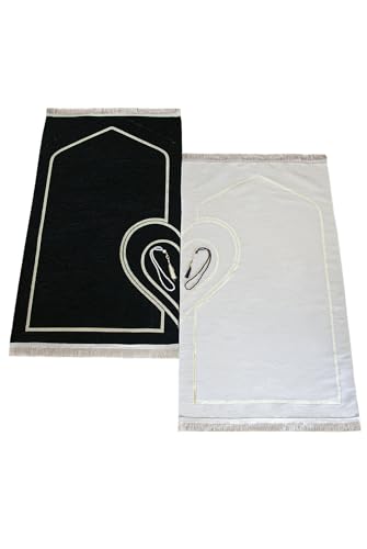 ihvan online Muslim Prayer Rug for Couples, Praying Mat Set for Women & Men, Soft Prayers Matt with Prayer Beads, Islamic Gifts for Ramadan Eid, Two Pieces, White-Black - color: White-black