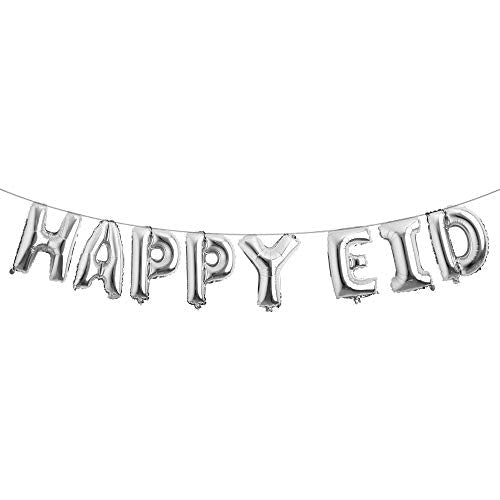 Islamic Muslim Party Decorations Ramadan Banner Happy Eid Mubarak Balloons Children and Families Party Supplies (Happy EID Silver) - color: Happy Eid Silver
