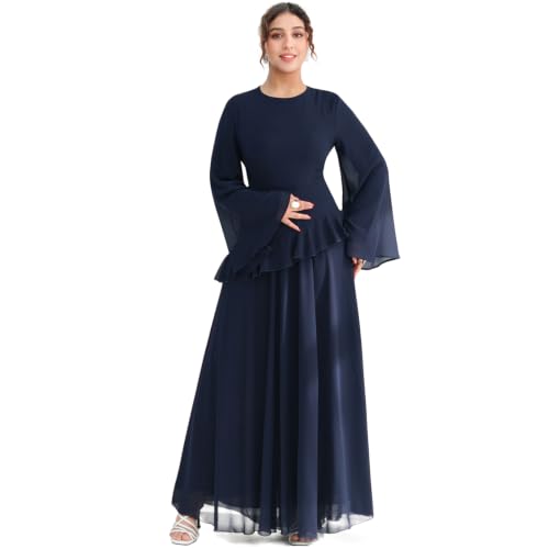 1PC Abaya Dress for Muslim Women 2-Layered Pearl Chiffon Islamic Prayer Clothing Back Zipper Maxi Abaya Dress with Belt - color: Navy, size: X-Large