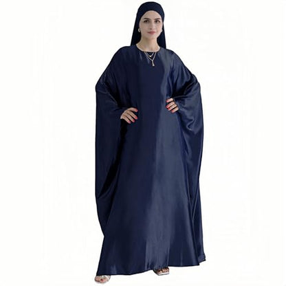 Abaya Muslim Women Dress Satin Batwing Sleeve Kaftan Maxi Arabian Dubai Islamic Ramadan Prayer Dress with Hijab Scarf - color: Navy