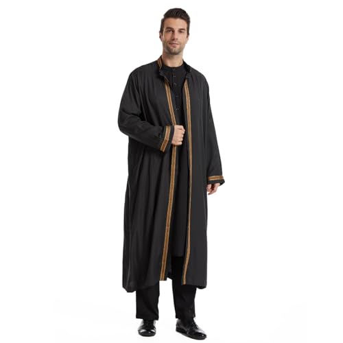 Qianliniuinc Thobe for Men Abaya Islamic Clothing - Muslim Kaftan Dubai Arabic Robe Loose Fit Casual Prayer Wear - color: Black, size: Large