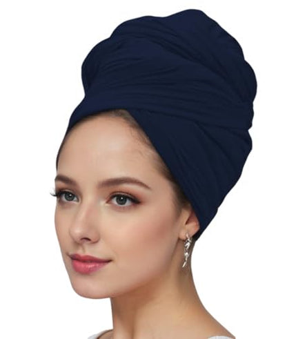 vabovin Head Wraps for Black Women Stretch Jersey Knit Turban Headwrap Solid Color Headscarf Headband Shawl - color: 14- Navy Blue