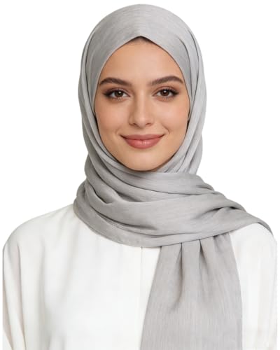 JUMISEE Silky Satin Hijab Scarf for Women Fashion Crinkle Crepe Instant Muslim Islamic Hijab Head Wrap Long Shawls - color: Light Grey