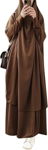 Womens Muslim Abaya Solid Prayer Dress Islamic Maxi Kaftan with Hijab Dubai Full Length 2 Piece Dress - color: 1dark Brown