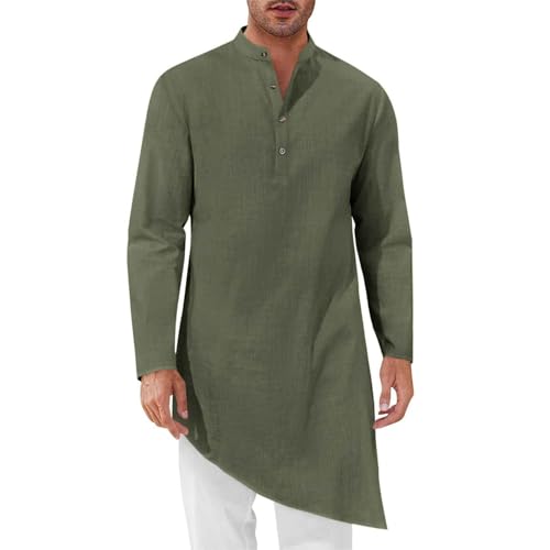 Mens Kaftan Robe Thobe Cotton Long Sleeve Henley Shirt Casual Muslim Gown Kurta Tops - color: Army Green, size: Medium