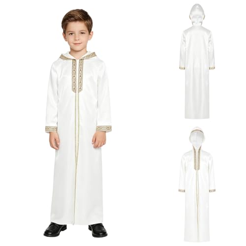 Kids Boys Thobe Muslim Prayer Clothes Saudi Dubai Robe Kaftan Zipper Dishdasha Islamic Eid Ramadan Outfits - color: White, size: 8