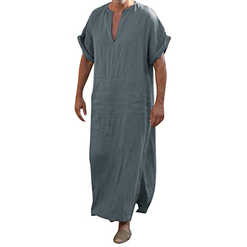 Mens Muslin Robe Full Length Long Sleeve Tops V Neck Kaftan Lightweight Pullover Thobe Comfy Nightshirts - color: A03 Grey, size: Large