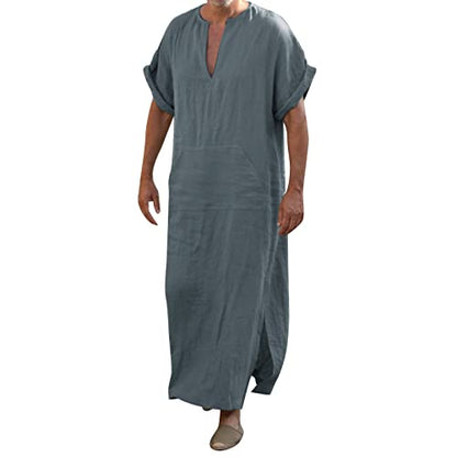 Mens Muslin Robe Full Length Long Sleeve Tops V Neck Kaftan Lightweight Pullover Thobe Comfy Nightshirts - color: A03 Grey, size: X-Large