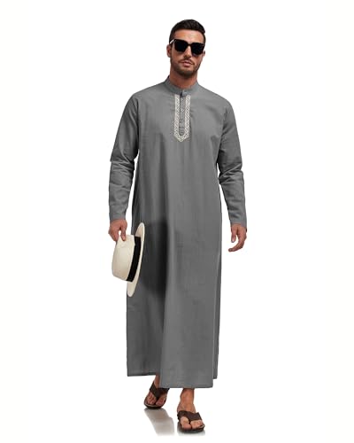 Jacansi Men's 65% Cotton 35% Linen Kaftan Robe, Henley Button Down Thobe, Long Sleeve Casual Gown with Pockets - color: Dark Grey, size: 3X-Large