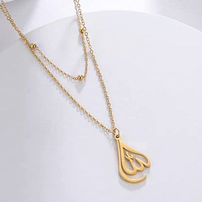 UNIFT Islamic Muslim Allah Layered Necklaces For Women Stainless Steel Charm Water Drop Heart Shape Allah Pendant Double Layer Necklace Islamic Jewelry - color: gold