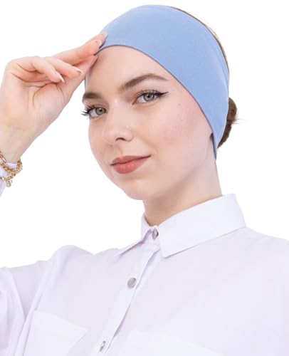 Prien Women Cotton Hijab Cap, Stretchy Head Cover, Pre-Sewn Inner Muslim Scarf Undercap, Non Slip Headband for Daily Wear - color: Blue