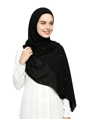 Lina & Lily Sparkle Shimmer Gold Glitter Women's Chiffon Hijab Head Scarf Shawl Wrap Lightweight - color: Black