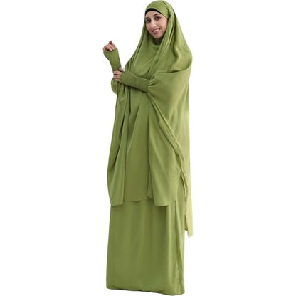 Muslim Women Abaya Two Pieces Set Prayer Dress Elasticated Sleeves Islamic Robe Modest Full Cover Prayer Clothes - color: Olive Green