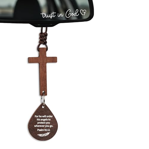 Cross for Car Mirror Hanging, Car Accessories for Men and Women, Rear View Mirror Accessories, Christian Gifts for Women, Birthday Gifts for Women or Men, Dad Birthday Gifts Ideas - color: Wooden - Psalm 91:11