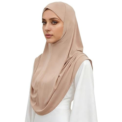 Instant Hijab Ready To Wear Hijab Scarf for Women Soft Long Muslim Jersey Hijabs Head Scarf for Prayer Abaya - color: Khaki