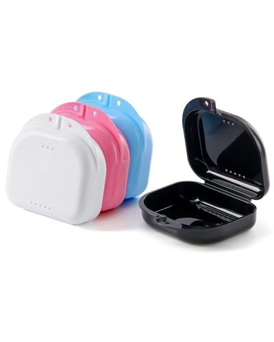 JMU Retainer Case with Vent Holes, 4 Pcs Orthodontic Mouth Guard Cases | Dental Storage Container, Denture Case Travel Box for Aligner with Snap Lock - color: Blue/White/Black/Pink
