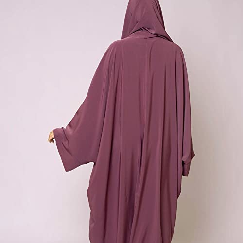 Muslim Dresses for Women, Long Sleeve Eid Islamic Prayer Jilbab Khimar Cardi Robe Middle East Maxi Abaya Dress - color: Pirk Purple&hijab