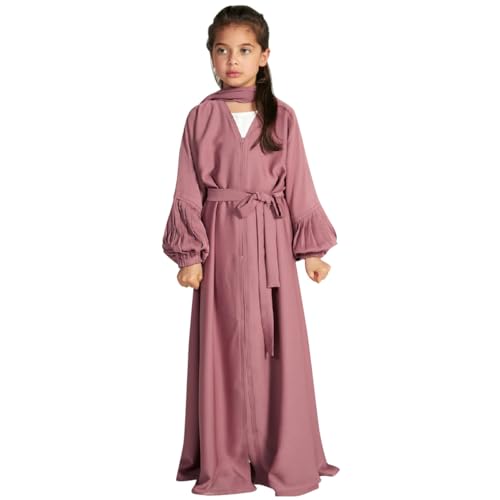 Kids Girls Muslim Abaya Long Sleeve Snap Front Maxi Dress with Belt Robe Kimono Dubai Hijab Dress - color: Dark Pink B, size: 5-6 Years