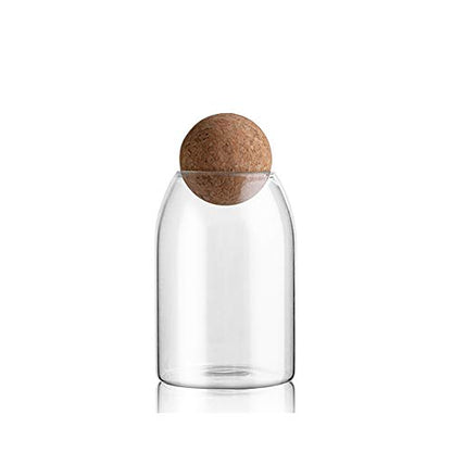 800ML/27Oz Clear Glass Storage Cute Canister Holder Ball Wood Cork Top, Modern Decorative Cylinder Container Jar with Round Lid for Coffee, Spice, Candy, Salt, Cookie Cool Terrarium Bottle - size: 800 mL