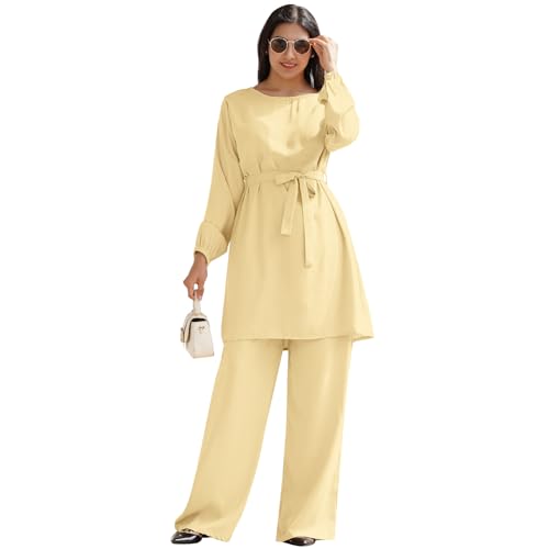 IWEMEK Abayas for Women Muslim Long Sleeve Loose Top Pants 2 Pcs Eid Ramadan Outfits Casual Islamic Muslim Clothes with Belt - color: Yellow, size: Large