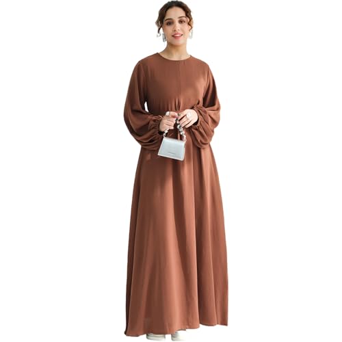 Muslim Women Abaya Dress Breathable Front Zipper&Pockets&Belt Prayer Robe - color: Coffee, size: Medium