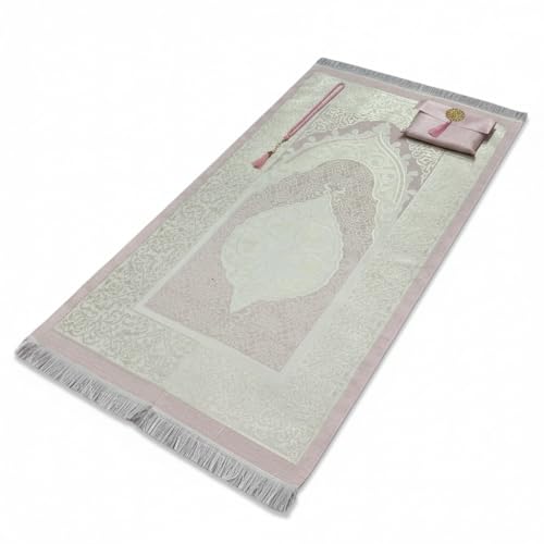 Muslim Prayer Rug and Beads with Elegant Slub Fabric Bag | Janamaz | Sajadah | Soft Islamic Prayer Rug | Islamic & Mawlid Gifts | Prayer Carpet Mat, Taffeta Fabric (Pink, 1 Sets) - color: Pink, size: 1 Sets