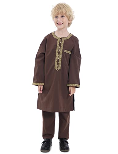 Boy's Muslim Clothing Kaftan Set - Middle East Youth Embroidered Robe Suit Round Neck Islamic Dress Arabic Wear - color: Brown, size: 11
