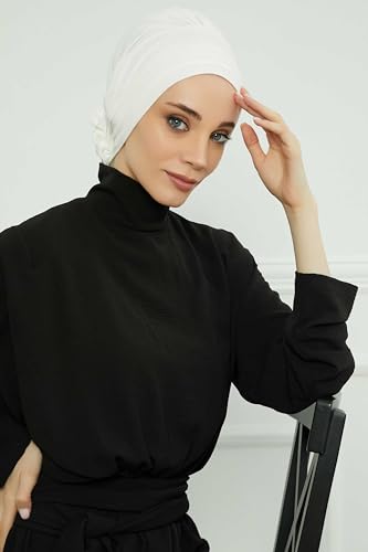 Aisha's Design Instant Turban Head Wraps for Women, Combed Cotton Scarf Lightweight Pre tied Hijab with Back Rose Detail - color: Ivory