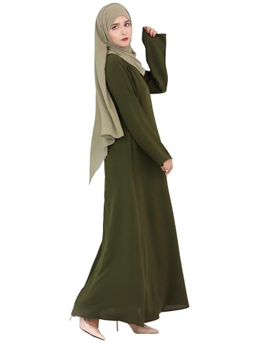 Solid Color Women Abaya Modest Muslim Prayer Robe Long Sleeve Dubai Maxi Dress Islamic Lightweight Dress - color: Armygreen, size: Large