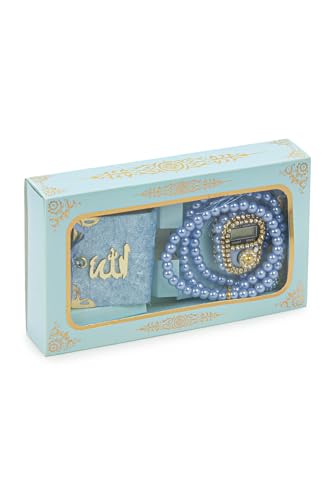 ihvan online Mini Velvet Quran Set with Islamic Finger Counter, Portable Digital Tasbeeh, Muslim Prayer Beads, Pearl Zikirmatic Beads, 3 Pieces Gift Set for Mevlüt (Blue) - color: Blue