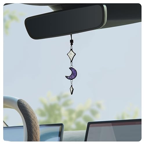Handmade Stained Glass Moon and Star Car Charm – Unique Celestial Car Accessory,Romantic Birthday Gift for Dreamers