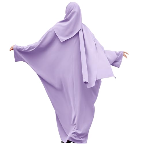 IDOPIP Abayas for Women Muslim Dress with Hijab, One-Piece Long Sleeve Islamic Prayer Dress with Khimar Jilbab Kaftan Clothes - color: Light Purple + Hijab