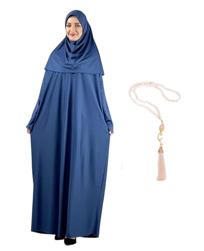 Women Prayer Clothes with Hijab Muslim Outfits Long Robe Abaya Turkish Islamic Dresses Dubai Kaftan with Rosary - color: Purple