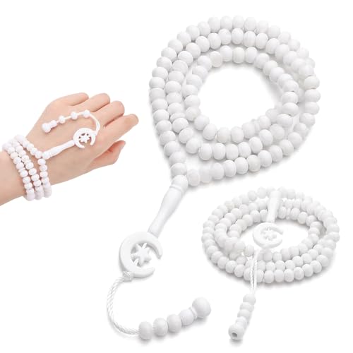 2 Pack Prayer Beads, Muslim Tasbih 99 Beads Allah & Muhammad Islamic Prayer Rosary Muslim Islam Misbaha Tasbeeh 99 Prayer Beads Necklace for Men and Women(White) - color: White