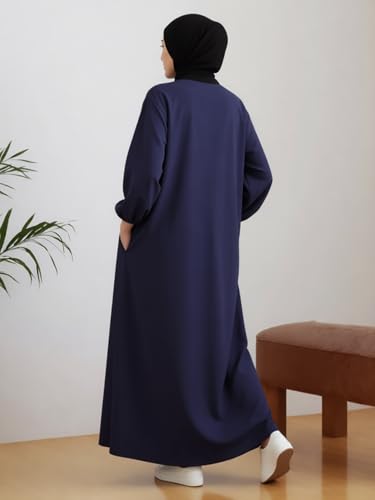 Womens Abaya Muslim Prayer 2 Pockets Long Sleeve Front Button Maxi Dresses Casual Islamic Clothes - color: Blue, size: 3X-Large