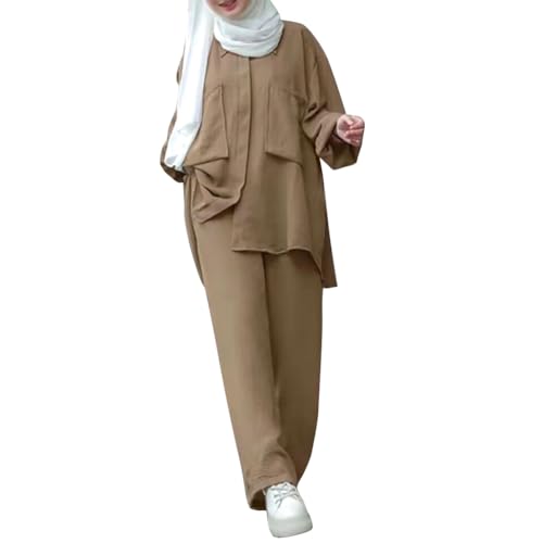 ODIZLI Muslim Long Sleeve Blouse Wide Leg Pants Suits Autumn Solid Abaya Women Matching Sets 2PCS Tracksuits Turkey Kaftan - color: Khaki-pockets Button Down Shirt, size: X-Large