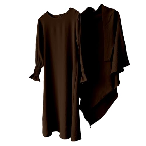 Muslim Clothes for Toddler Girls Long Sleeve Abaya with Hijab Two Piece Kids Prayer Dress Maxi Islamic Scarf Kaftan - color: Brown, size: 5-6 Years