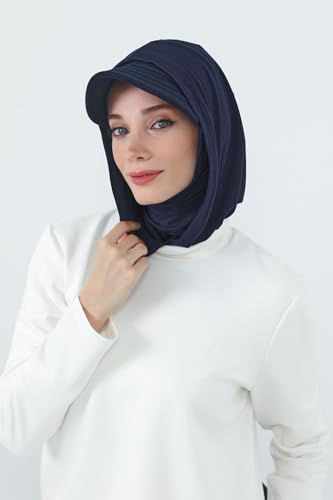Aisha's Design Full Coverage Cotton Bonnet Hijab with Visor Modest Underscarf Bonnet - color: Navy Blue