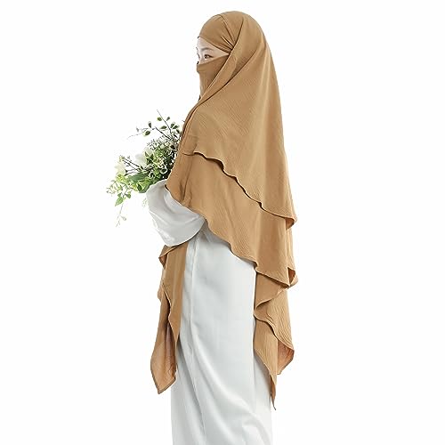 Khalat Muslim Prayer Hijab - 2 Layers Soft Breathable Islamic Dubai Women's Instant Long Hijab - color: Khaki