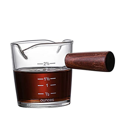 70ml Double Spouts Espresso Cup Shot Glasses Heat-Resistant Measuring Cup Mini Milk Glass Mug with Wooden Handle Clear Scale Ounce for Milk Coffee Espresso Making Heavy Glass Measuring Cup - color: 70ml, with Wood Handle