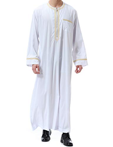 Islamic Mens Clothing Kaftan Maxi-Muslim Male Shirt Long Sleeve Abaya Dubai Cotton… - color: White, size: Small