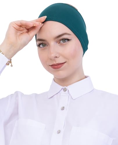 Prien Women Cotton Hijab Cap, Stretchy Head Cover, Pre-Sewn Inner Muslim Scarf Undercap, Non Slip Headband for Daily Wear - color: Emerald