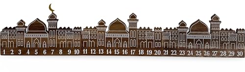 Wooden Ramadan City Countdown Calendar | 30-Day Advent Calendar for Kids & Home | Solid Wood Ramadan Decorations with Gold Metal Moon