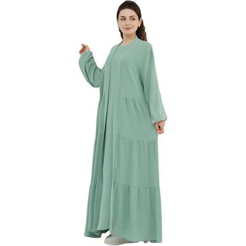 Women Muslim Abaya Dress 2PCS Soft Flowing Cardigan Dress Set Islamic Dubai Modest Kaftan Prayer Robe - color: Light Green, size: Medium