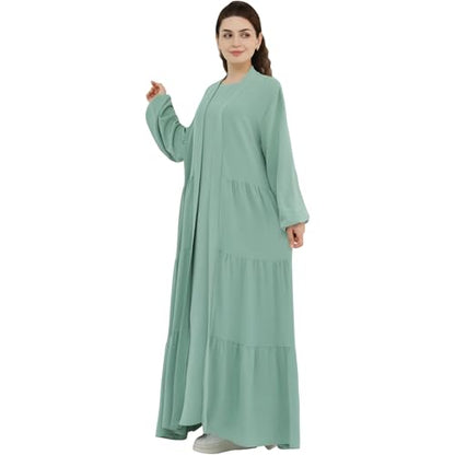 Women Muslim Abaya Dress 2PCS Soft Flowing Cardigan Dress Set Islamic Dubai Modest Kaftan Prayer Robe - color: Light Green, size: Large