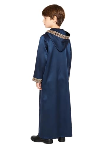 Kids Boys Thobe Muslim Prayer Clothes Saudi Dubai Robe Kaftan Zipper Dishdasha Islamic Eid Ramadan Outfits - color: Dark Blue, size: 14