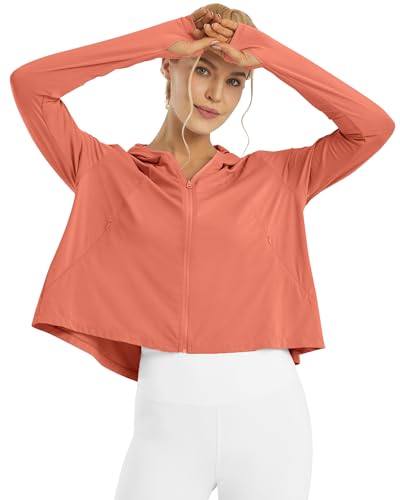 G4Free Skimetic Womens UPF 50+ Sun Hoodie Shirts - Quick Dry Running Jacket Long Sleeve Rash Guard Zip Pocket Hiking Athlete - color: Burnt Orange, size: Medium