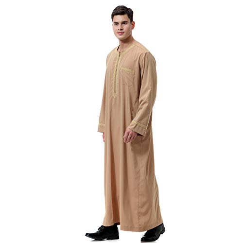 Lenmipot Men's Muslim Clothes Durable Kaftan Robe Dubai Long Gown Ethnic Clothes,1pc Soft Robe - color: A Light Tan, size: Medium